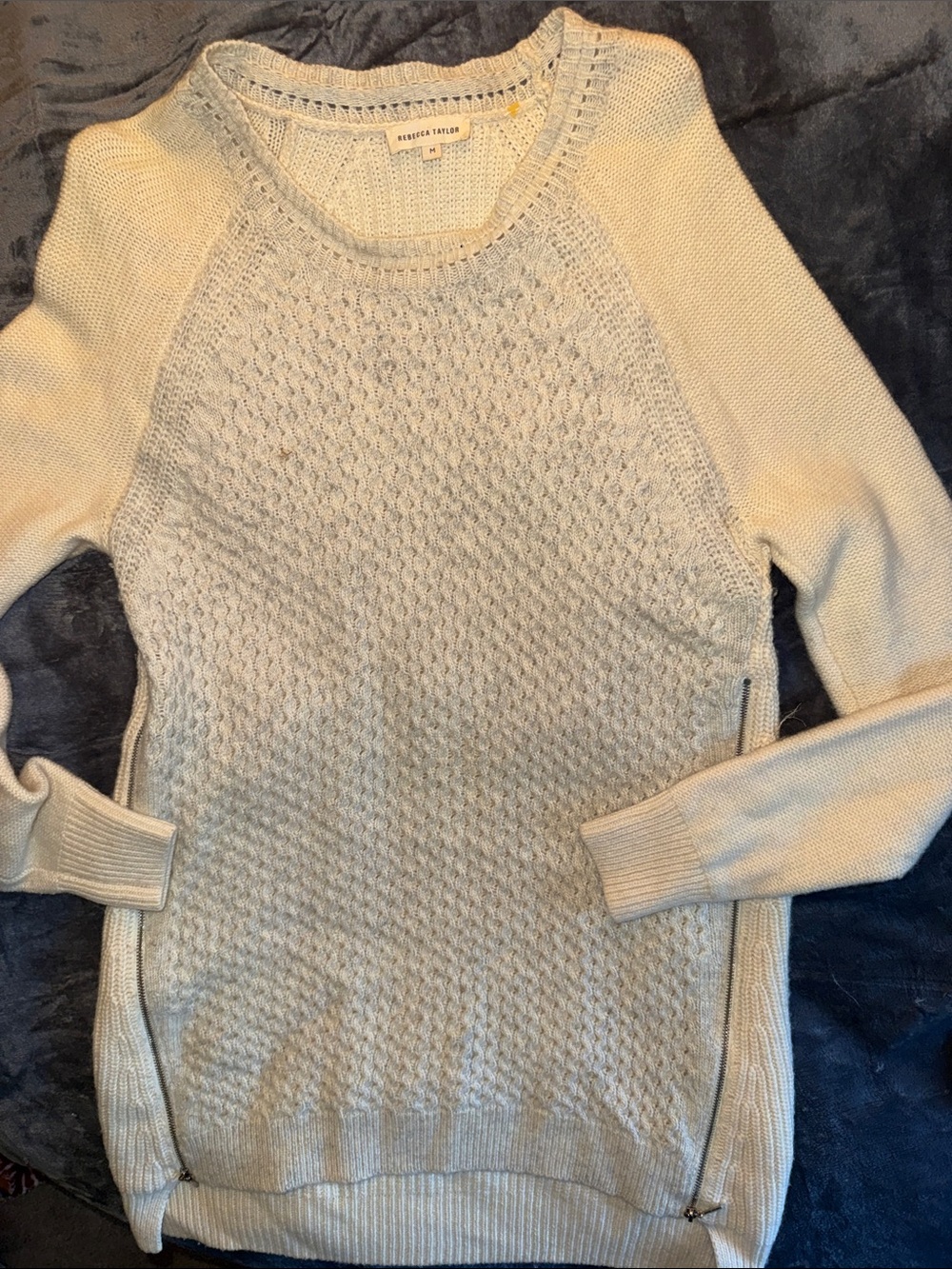 Rebecca Taylor Cream Textured Crewneck Sweater with Side Zips
